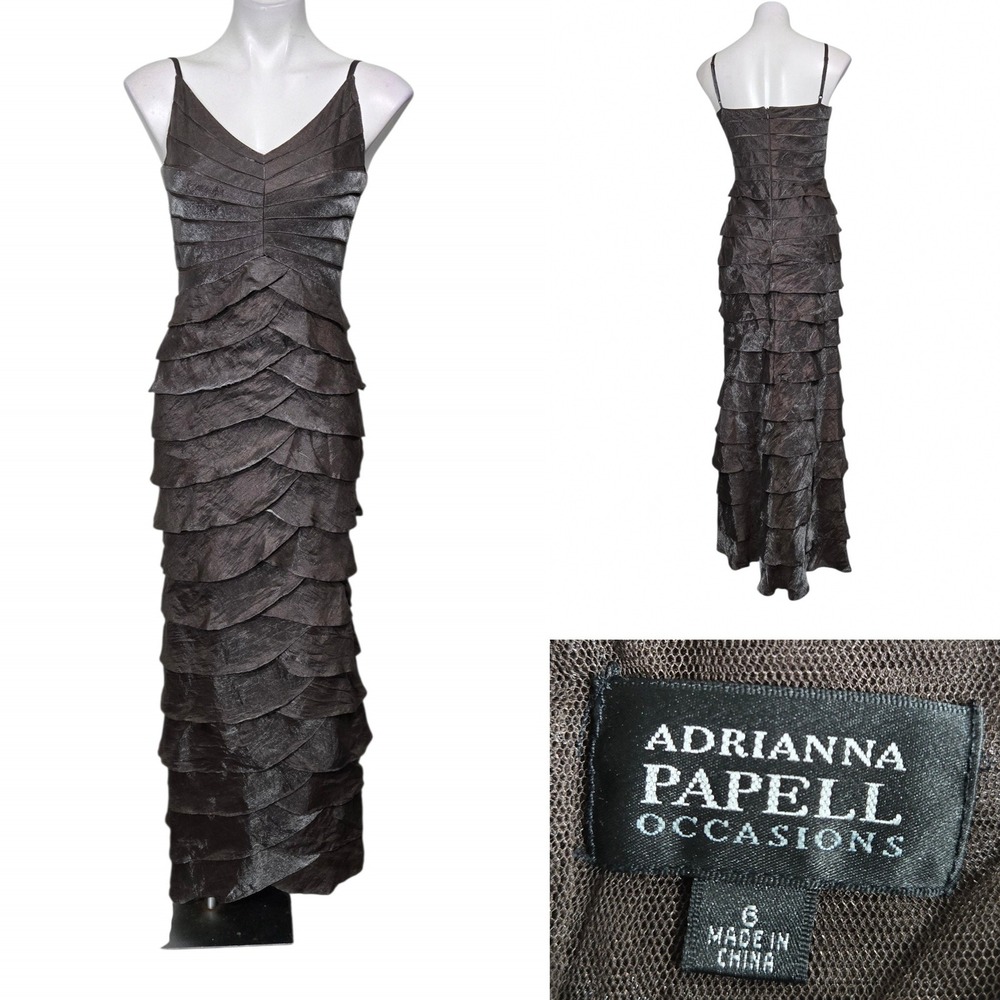 Adrianna Papell Occasions Brown Metallic Tiered Gown V-Neck Formal Dress 6